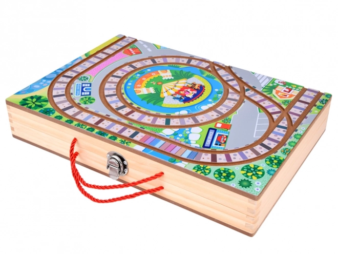 Houten treinset stad met koffer
