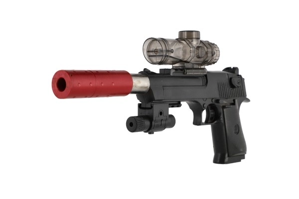 Pistool plastic/metaal 33cm voor waterkogeltjes + kogels 9-11mm op batterijen met licht in doos 34x13x4cm