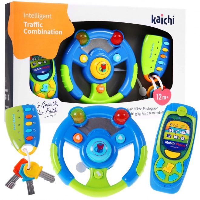 Interactieve set voor chauffeurs voor kinderen 3+ Stuurwiel + afstandsbediening met sleutels + telefoon + geluiden Lichten