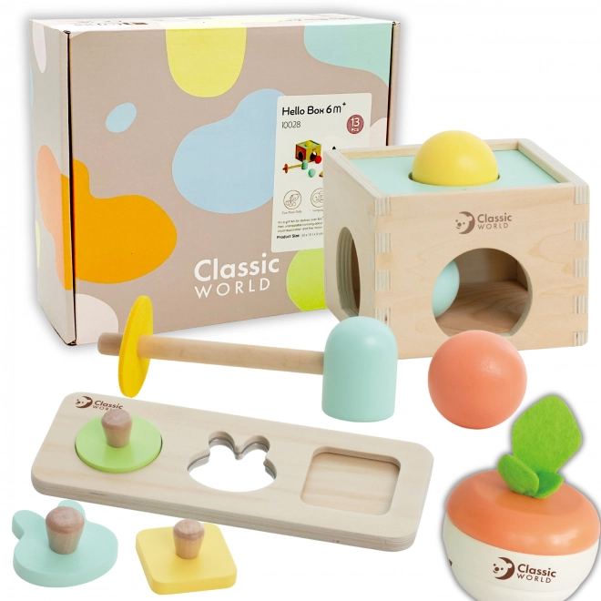 Klassieke houten pastelkleurige educatieve set voor kinderen van 6 tot 12 maanden