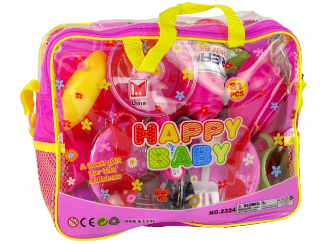 Roze servies set in een tas, 31 stukken