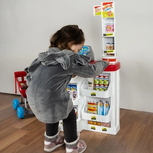 Supermarkt met kassa, winkelmandje en accessoires