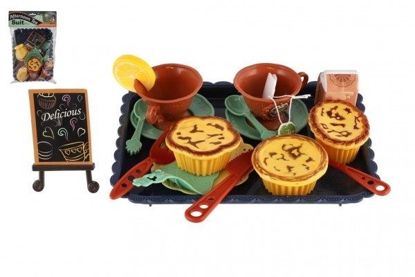 Set van servies en voedsel met dienblad in zak 22x30cm