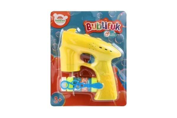 Bellenblaas pistool geel kunststof 13cm + 1 navulling op batterijen op kaart