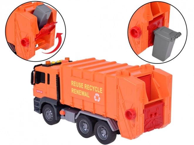 Grote vuilniswagen met containers, geluiden en lichten
