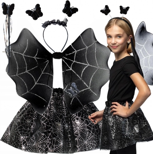 Kinder Halloweenkostuum met vleugels, rokje en haarband met vlinders en spinnenwebprint