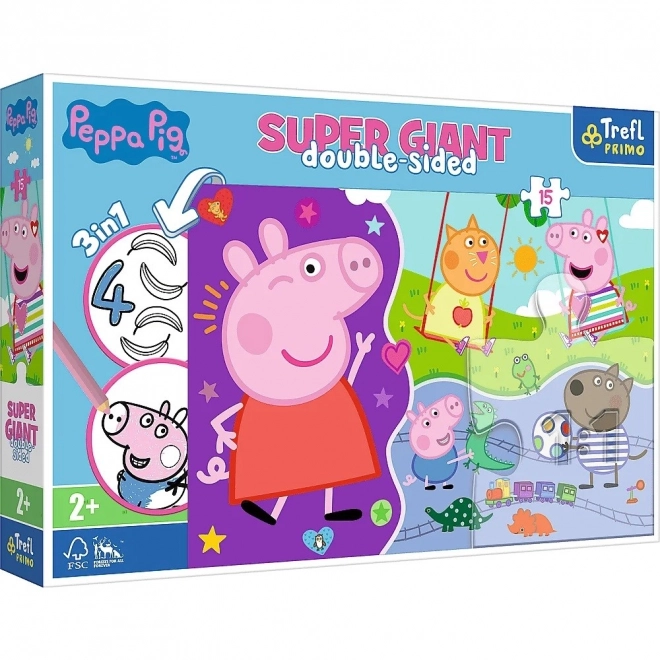Puzzel 3in1 REUSACHTIG dubbelzijdig 15 stukjes Peppa Big/Peppa Pig 60x40cm in doos 40x27x6cm 24m+