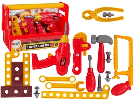 Kindergereedschapsset met koffertje, boormachine en tang – rood