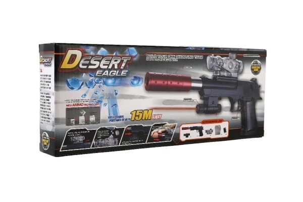 Pistool plastic/metaal 33cm voor waterkogeltjes + kogels 9-11mm op batterijen met licht in doos 34x13x4cm