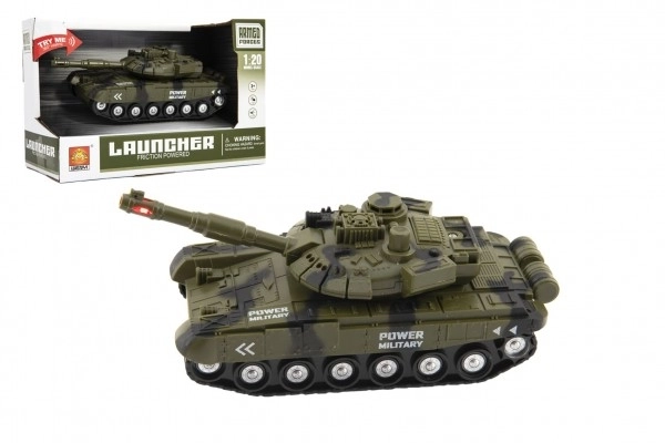 Tank plastic 20cm op traagheidsmechanisme op batterijen met licht en geluid in doos 24x16x11cm