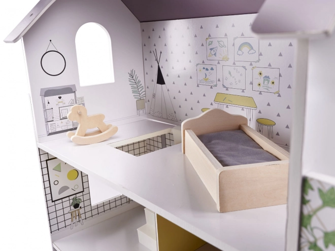 Poppenhuisje met grijs houten meubels