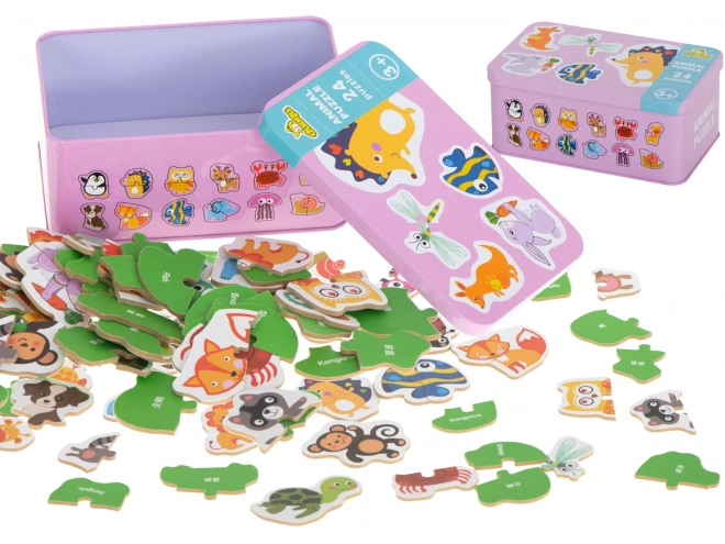 Puzzel met diermotieven in een blikken doosje