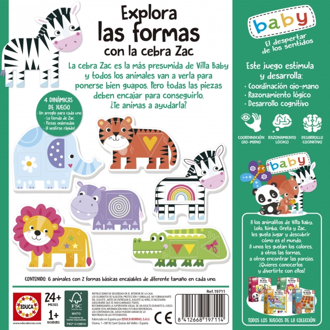 EDUCA Baby inlegpuzzel Ontdek vormen met zebra Zakem 6x2 stukken