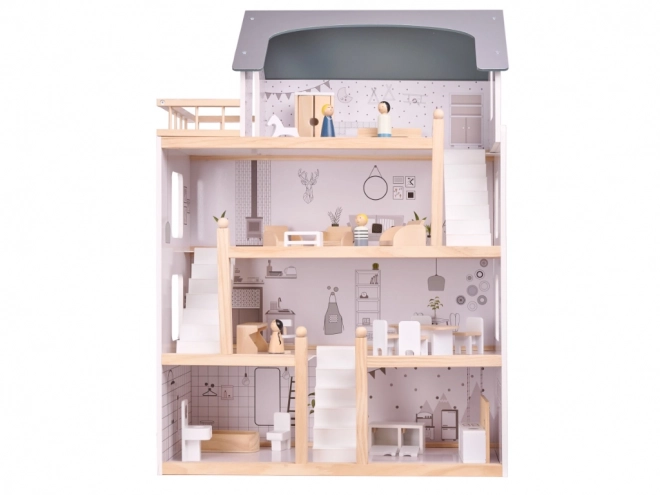 Licht houten poppenhuis met meubels - 80cm