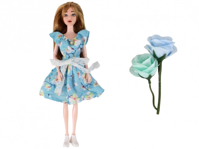 Emily Baby Pop Lente lang haar Blauw Jurkje Bloem