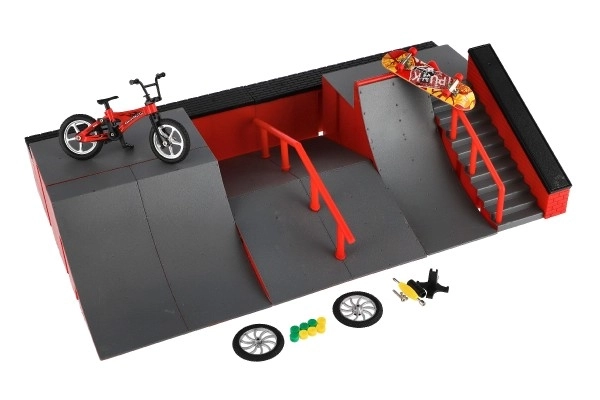 Skatepark - hellingen, vingerfiets, vingergrootte skateboard plastic met accessoires 2 kleuren in doos 43x25x12cm