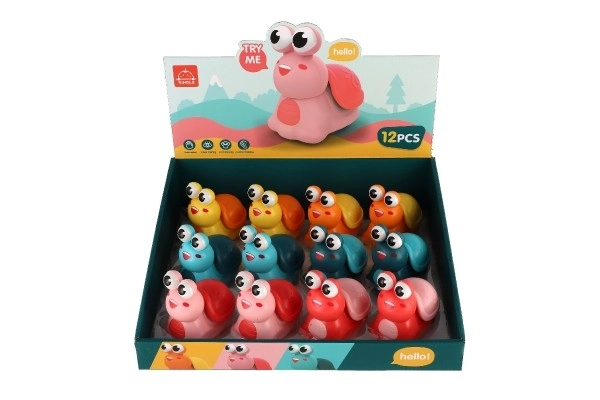 Slak Druk en Rijd plastic 8cm met opwindmechanisme 3 kleuren 12 stuks in doos