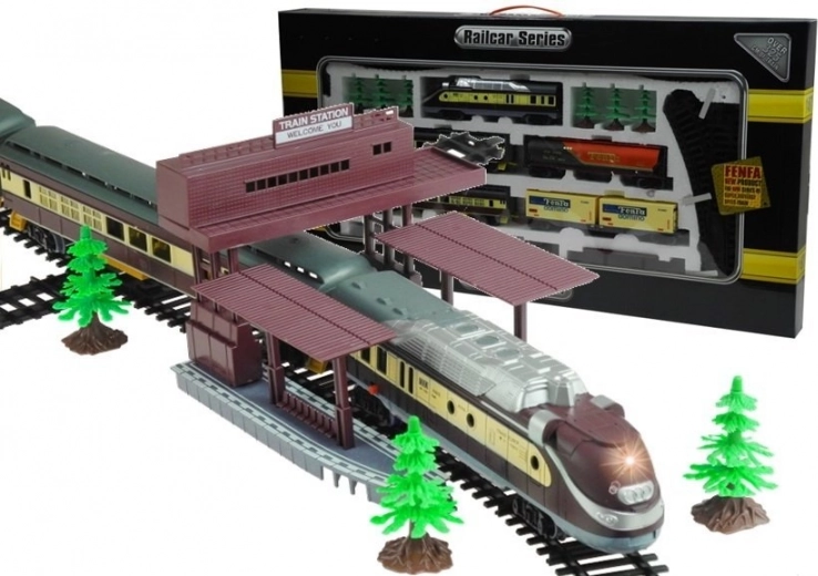 Grote FENFA-treinbaan met locomotief, 4 wagons en wissels