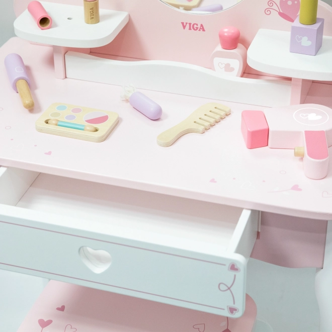 Houten kaptafel en kruk Viga wit en roze met spiegel