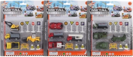 Set van metalen auto's met verkeersborden