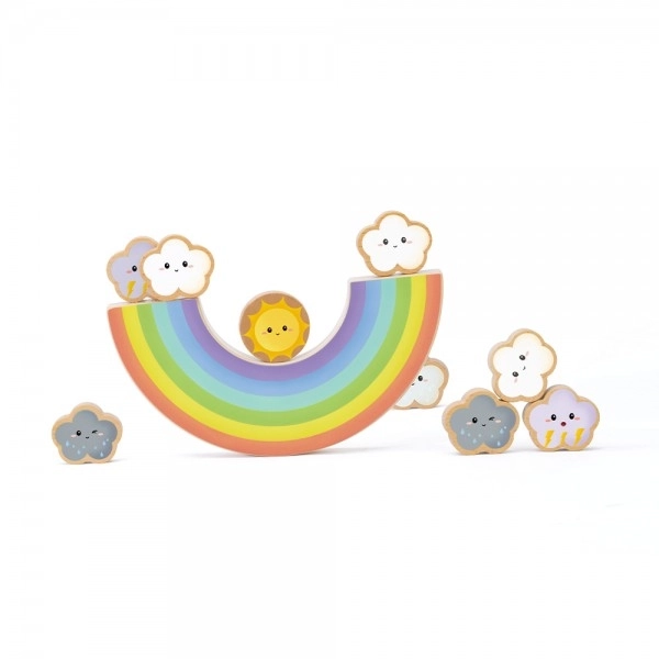 Houten balans regenboogspel met wolken