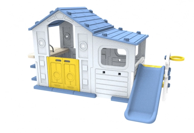 Groot huis met veranda, glijbaan en wastafel blauwe dak