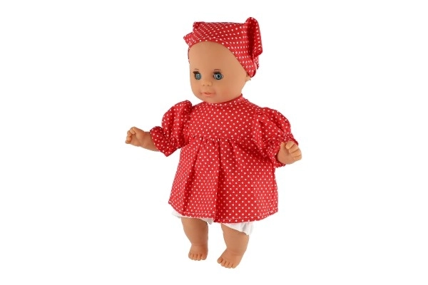 Pop/ Baby Hamiro 30cm, stoffen lichaam jurk rood+ witte stip + hoofddoek in doos 20x35x13cm