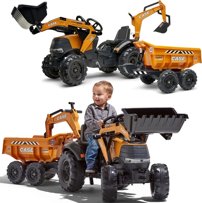 Traptractor CASE IH Backhoe met aanhanger en beweegbare bak, oranje