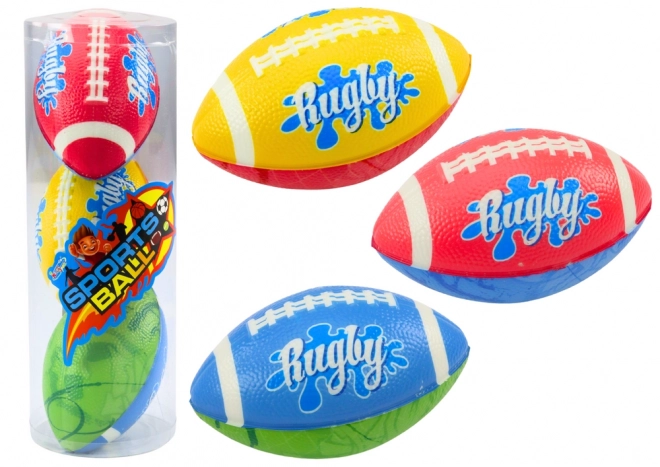 Set van 3 foamrubberen rugbyballen in 3 kleuren