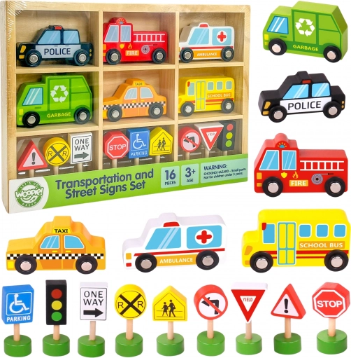 Woopie Green houten set voertuigen en verkeersborden, 15 stuks