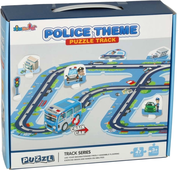 Kinder politie-racebaan puzzel met voertuigen en verkeersborden