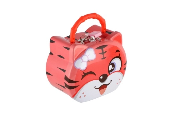 Spaarpot kat/tin kattenhoofd met slot 14x12cm 3 kleuren in plastic doos