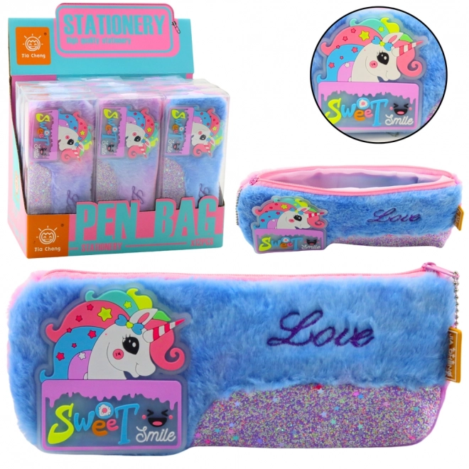 Pluche etui met eenhoorn blauw met glinsterende elementen