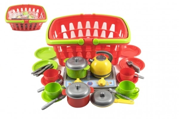 Boodschappenmandje van plastic + set keukengerei in zakje