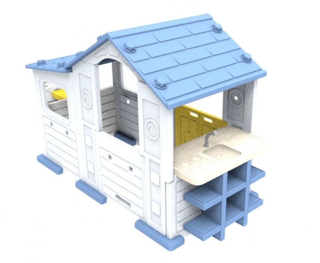 Groot huis met veranda, glijbaan en wastafel blauwe dak