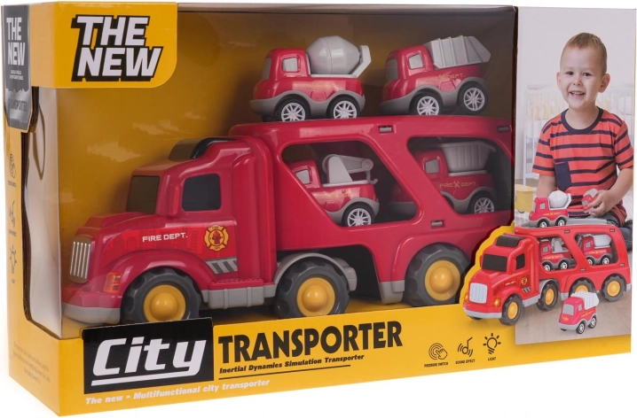 Set brandweervoertuigen met vrachtwagen – transporter en 4 autootjes met licht en geluid