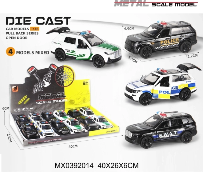 Metalen politiewagenmodel 1:36 met pull-back aandrijving en verlichting