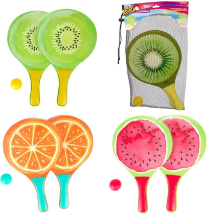 Strandtennisset met fruitmotief, 2 rackets en bal in netzak