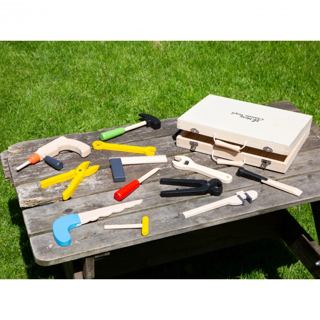 Houten koffer met speelgoedgereedschap