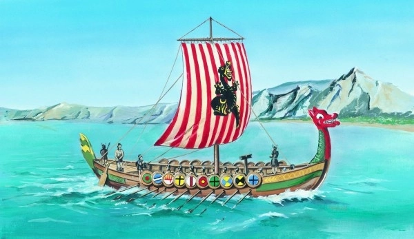 Model Viking Vikingschip DRAKKAR 1:60 20,8x30,3cm in doos 34x19x5,5cm