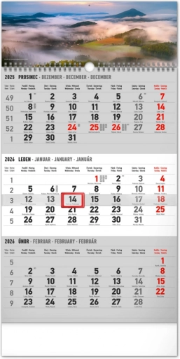 Wandkalender met drie maanden landschap grijs 2026 met Tsjechische namen 29,5 × 43 cm