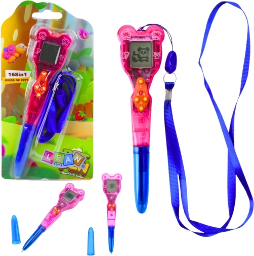 Elektronische pen met 168-in-1 spelletjes met koord – blauw-roze