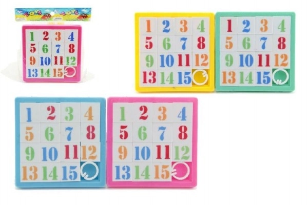 Schuifpuzzel nummers plastic 8x8cm assor. 4 kleuren in zak