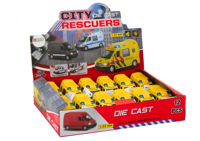 Ambulancemodel 1:32 met openslaande deuren en licht- en geluidseffecten - geel