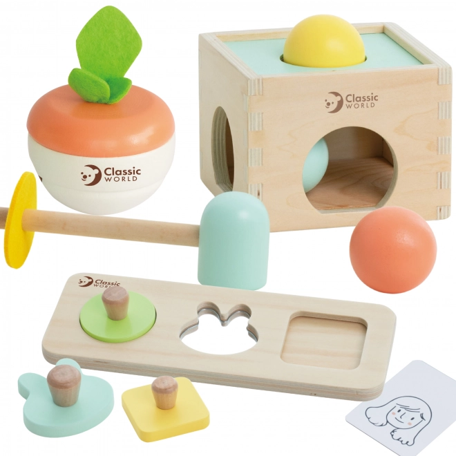 Klassieke houten pastelkleurige educatieve set voor kinderen van 6 tot 12 maanden