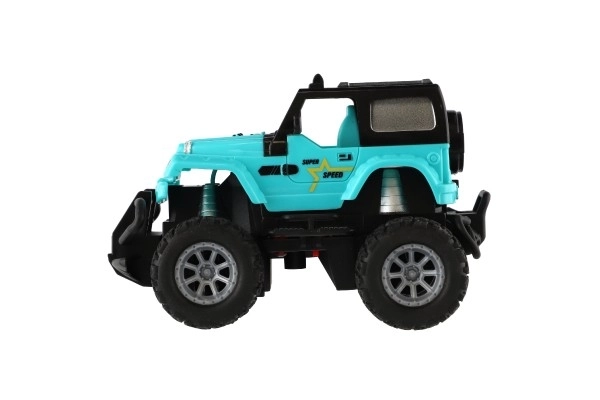 RC Auto terrein 14cm kunststof 27MHz op batterijen met licht in doos 20x11x10cm – Turkoois