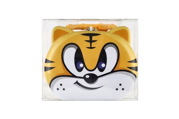 Spaarpot kat/tin kattenhoofd met slot 14x12cm 3 kleuren in plastic doos