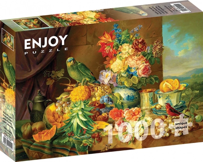 Puzzel Stilleven met bloemen, fruit en papegaai 1000 stukjes