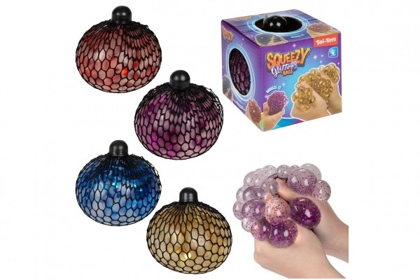 Stressbal knijp in net slijm 10cm met glitters 4 kleuren in doosje 9x9,5x9cm
