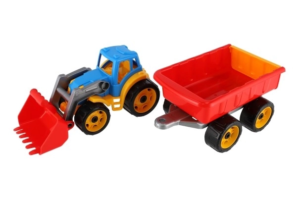 Tractor/lader/graafmachine met aanhanger met liggende plastic voor vrije beweging 2 kleuren in net 16x61x16cm